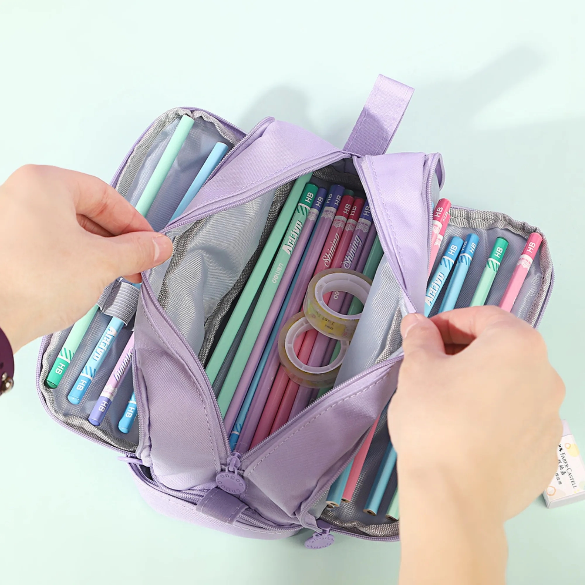 Three Layer Zipper Pen Case Pencil Pouch Stationery Bag 2