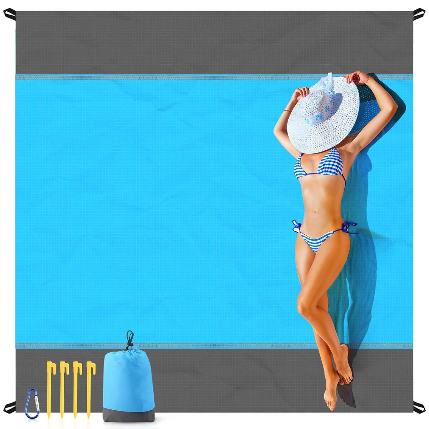 Foldable Waterproof Sandproof Beach Mat w/ 4 Stakes 7