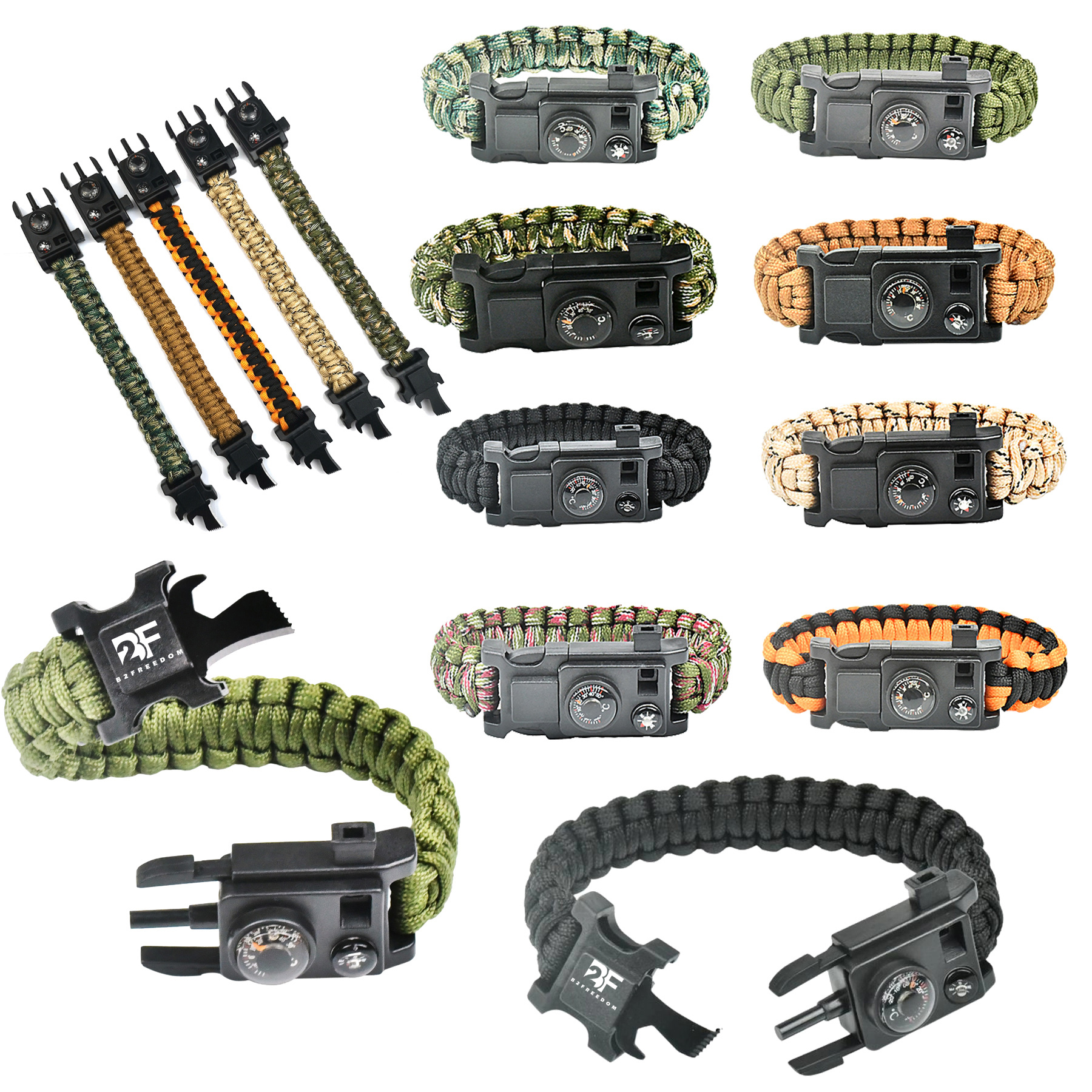 Survival Paracord Bracelet Kit with Compass Thermometer Whistle Knife Fire Starter Opener 2