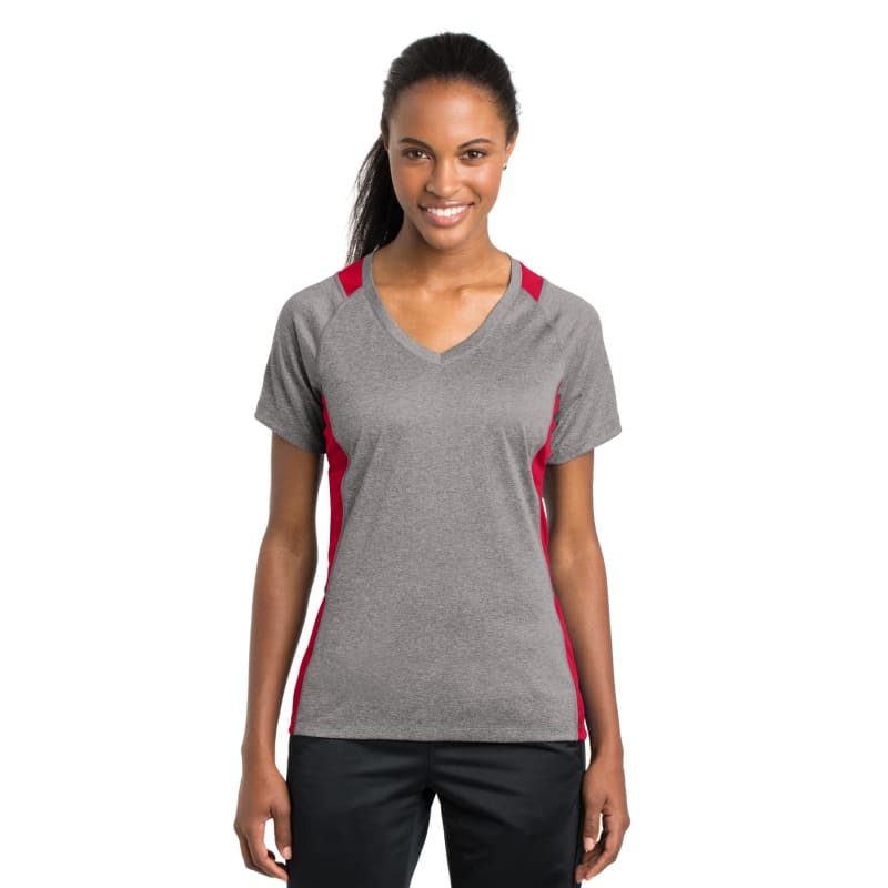 Sport-Tek Women's Heather Colorblock Contender V-Neck Tee. 36
