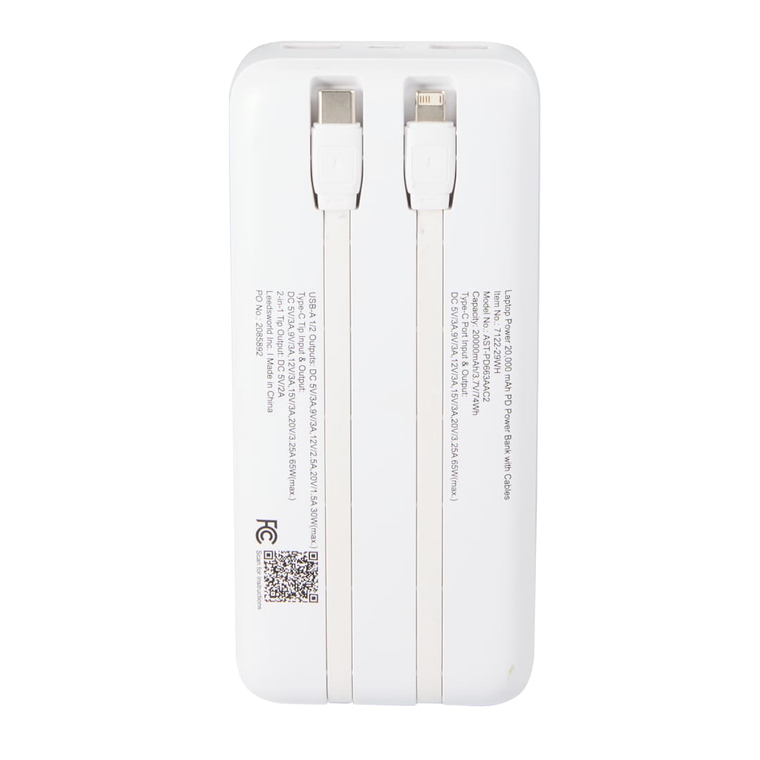 Laptop Power 20,000 mAh PD Power Bank with Cables 60