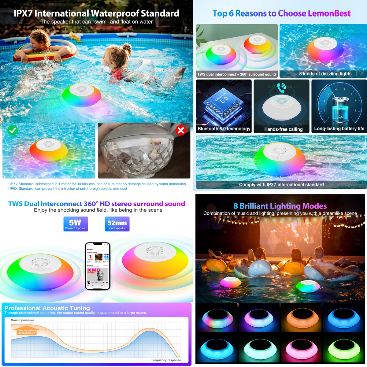 Waterproof Wireless Pool Speaker with 8 Light Modes (IPX7) 4