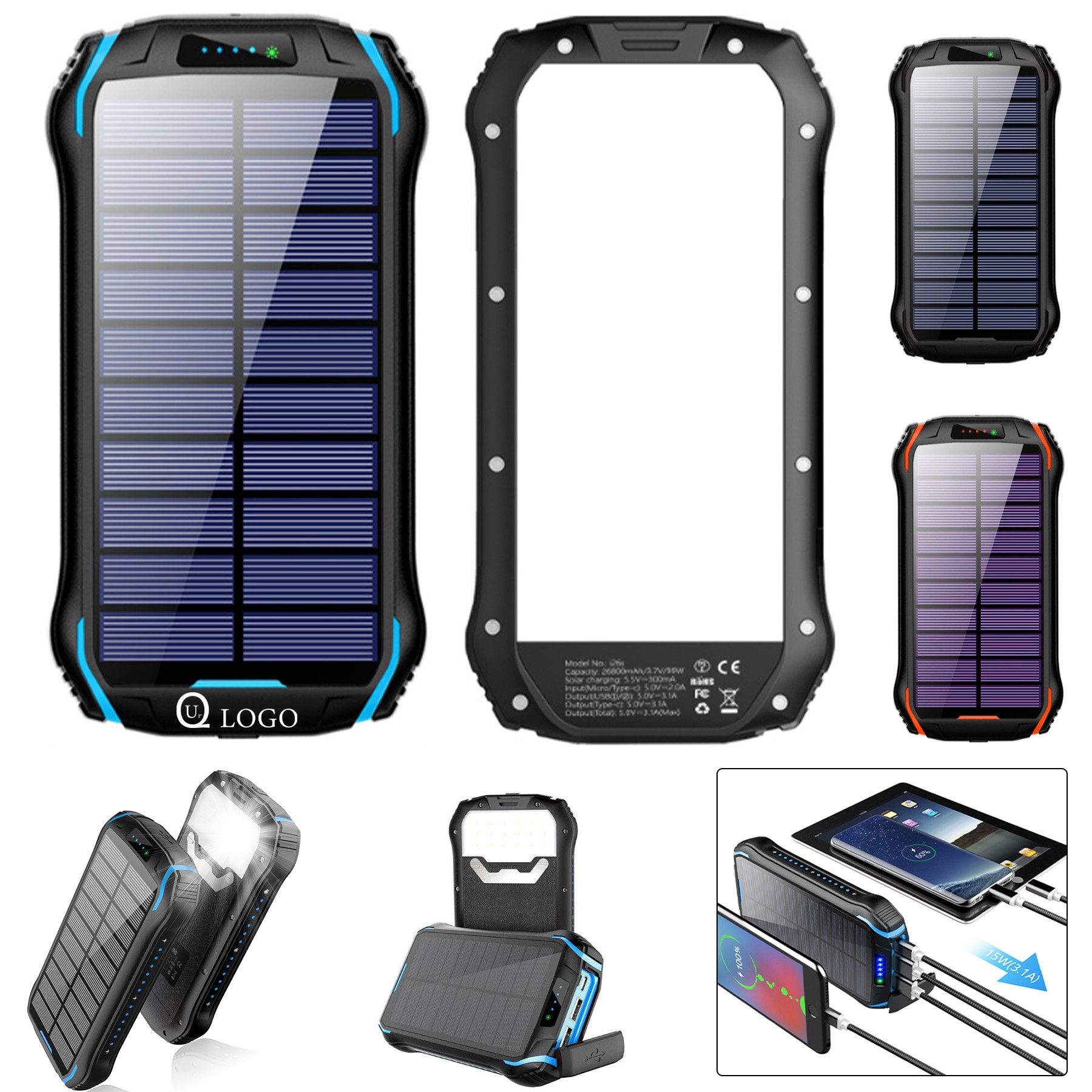 20000Mah Wireless Charging Solar Power Bank Flashlight