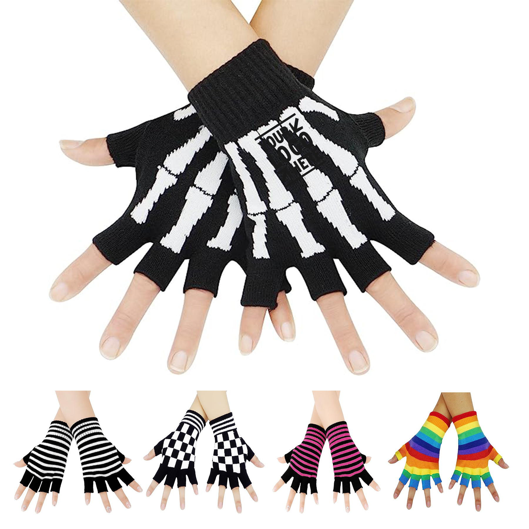 Unisex Stretchy Fingerless Hand Warmer Skeleton Gloves 2