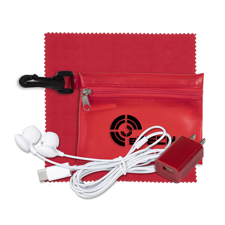 “TechClear” Mobile Tech Accessory Kit in Translucent Carabiner Zipper Pouch Components inserted into 5