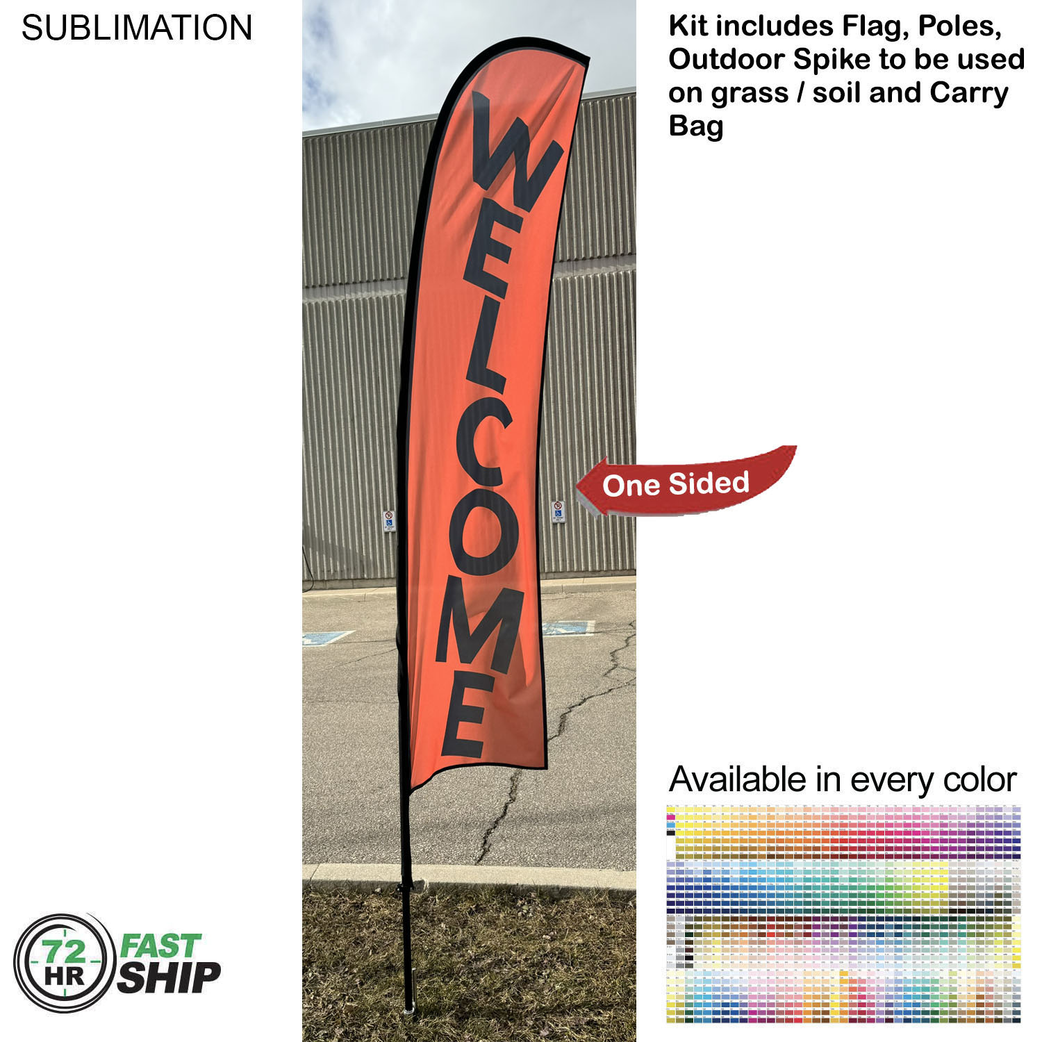 72 Hr Fast Ship - 10' Small Feather Flag Kit, Full Color Graphics One Side, Spike and Bag Included. 10