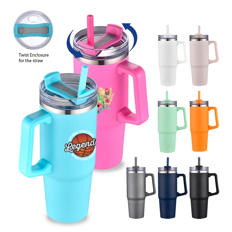 30 oz. Two Tone Travel Handle Mug with Twist Closure Straw Lid 2