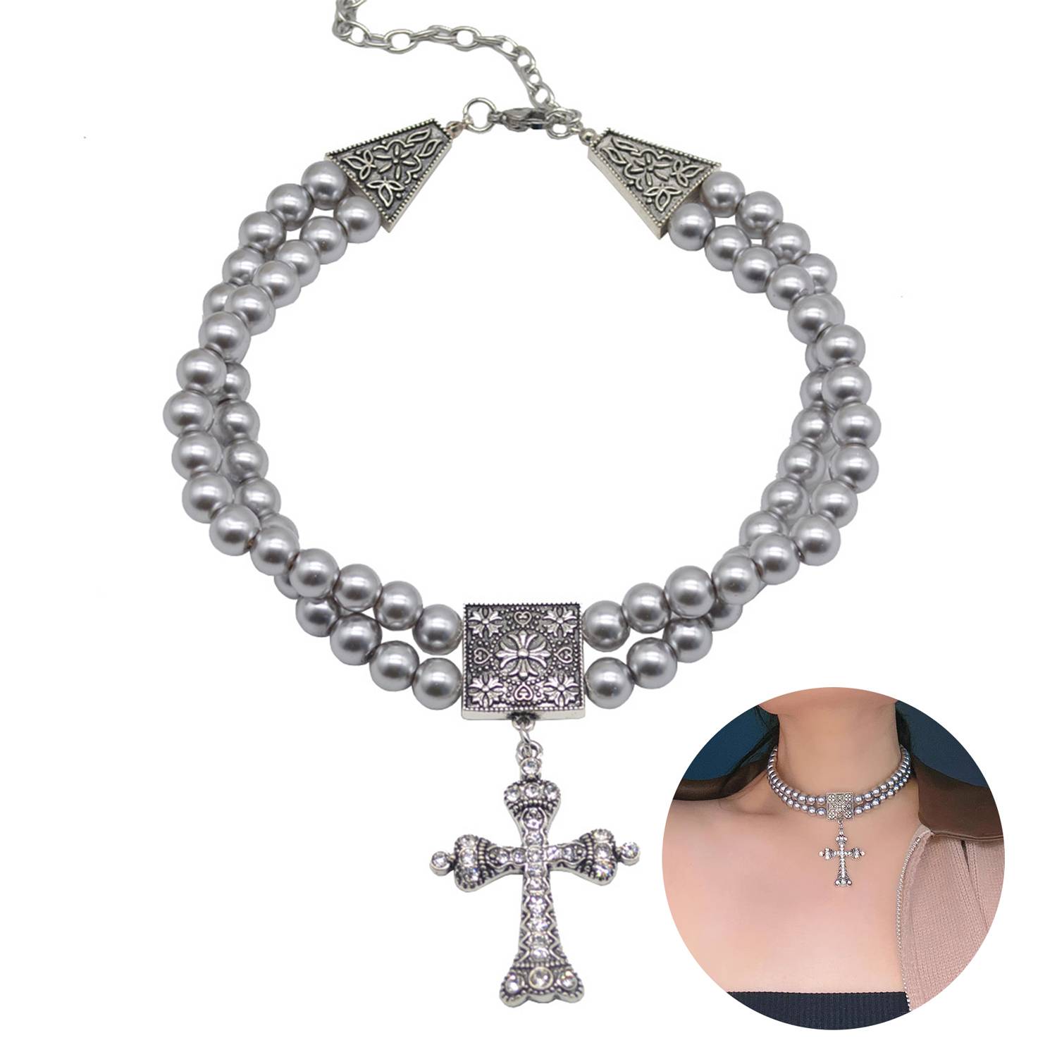Alloy Double grey pearl rhinestone cross necklace 2