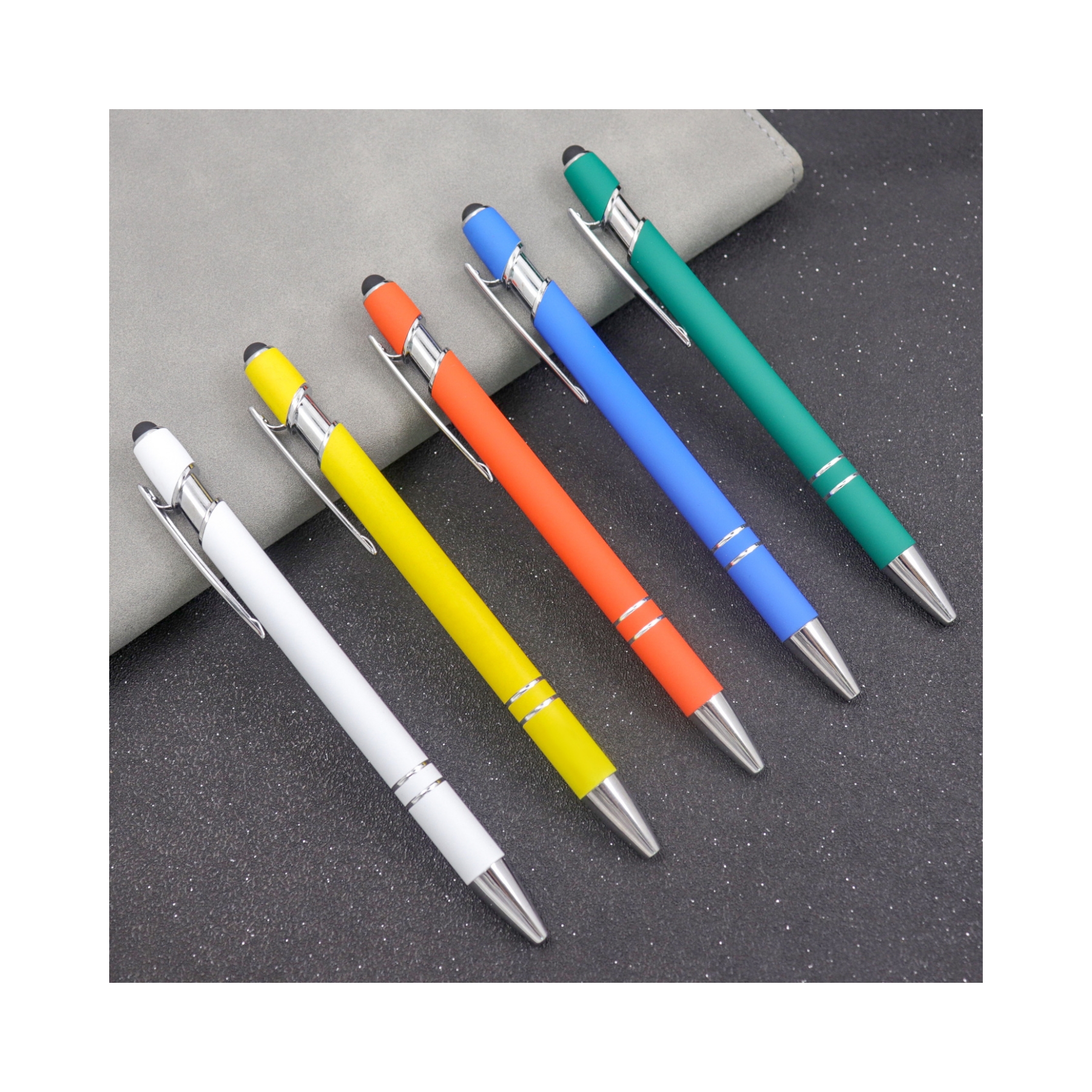 Rainbow Rubberized Soft Touch Ballpoint Pen with Stylus Tip a stylish 2