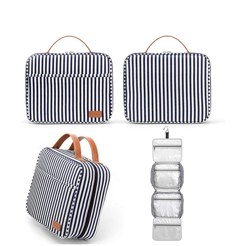 Striped Canvas Travel Waterproof Toiletry Bag / Hook 7