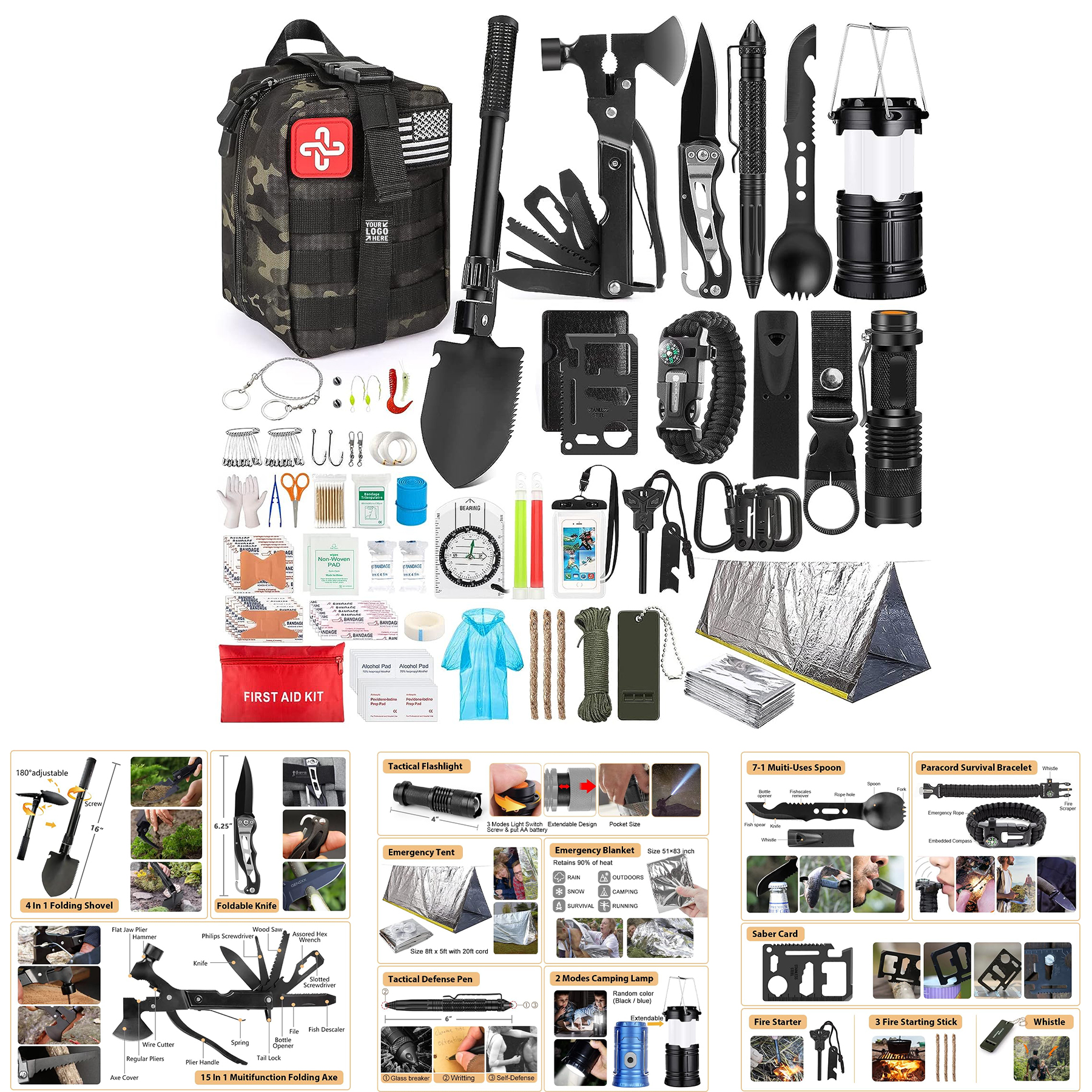 Survival Gear Survival First Aid Kit with Molle System Compatible Bag and Emergency Tent 1