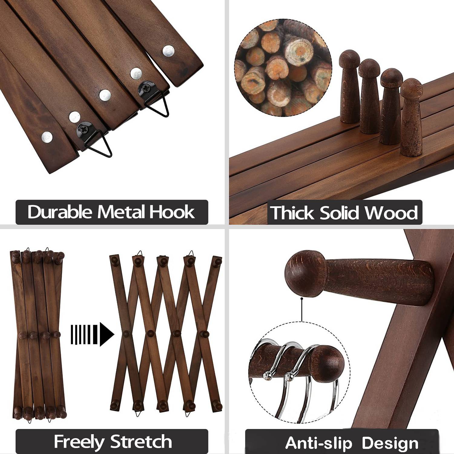 Expandable Wall Mounted Wooden Hat Rack w/ 14 Hooks 3