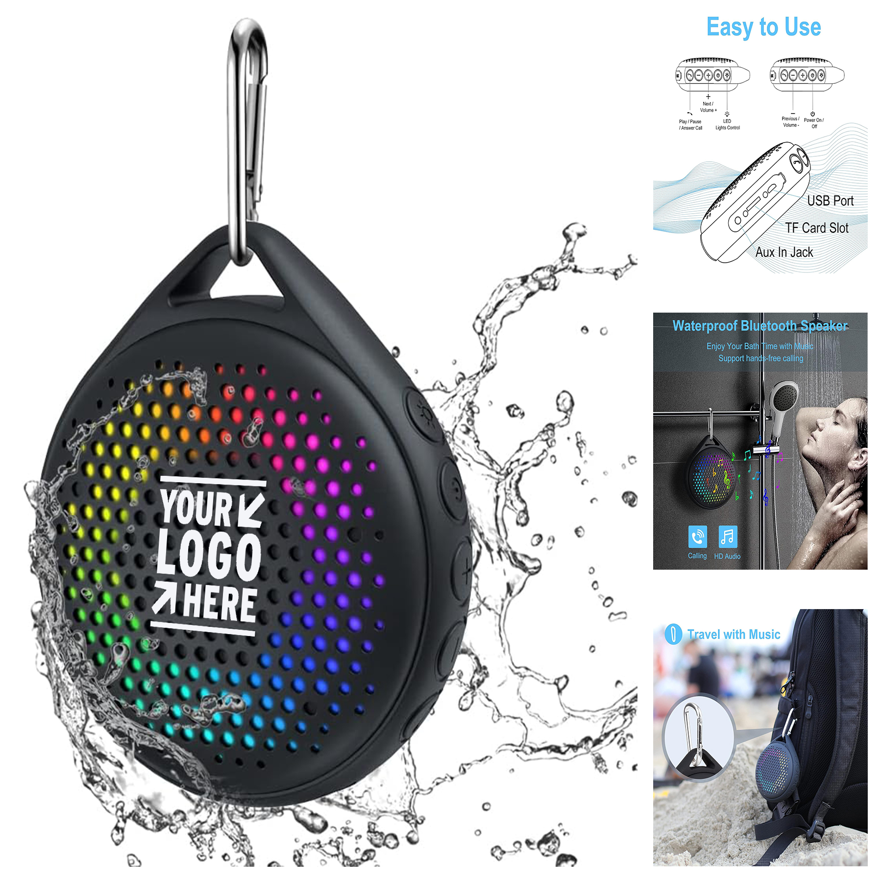 Hi-Fi Sound Built-in Mic RGB Light Portable Bluetooth Shower IP67 Waterproof Wireless Speaker