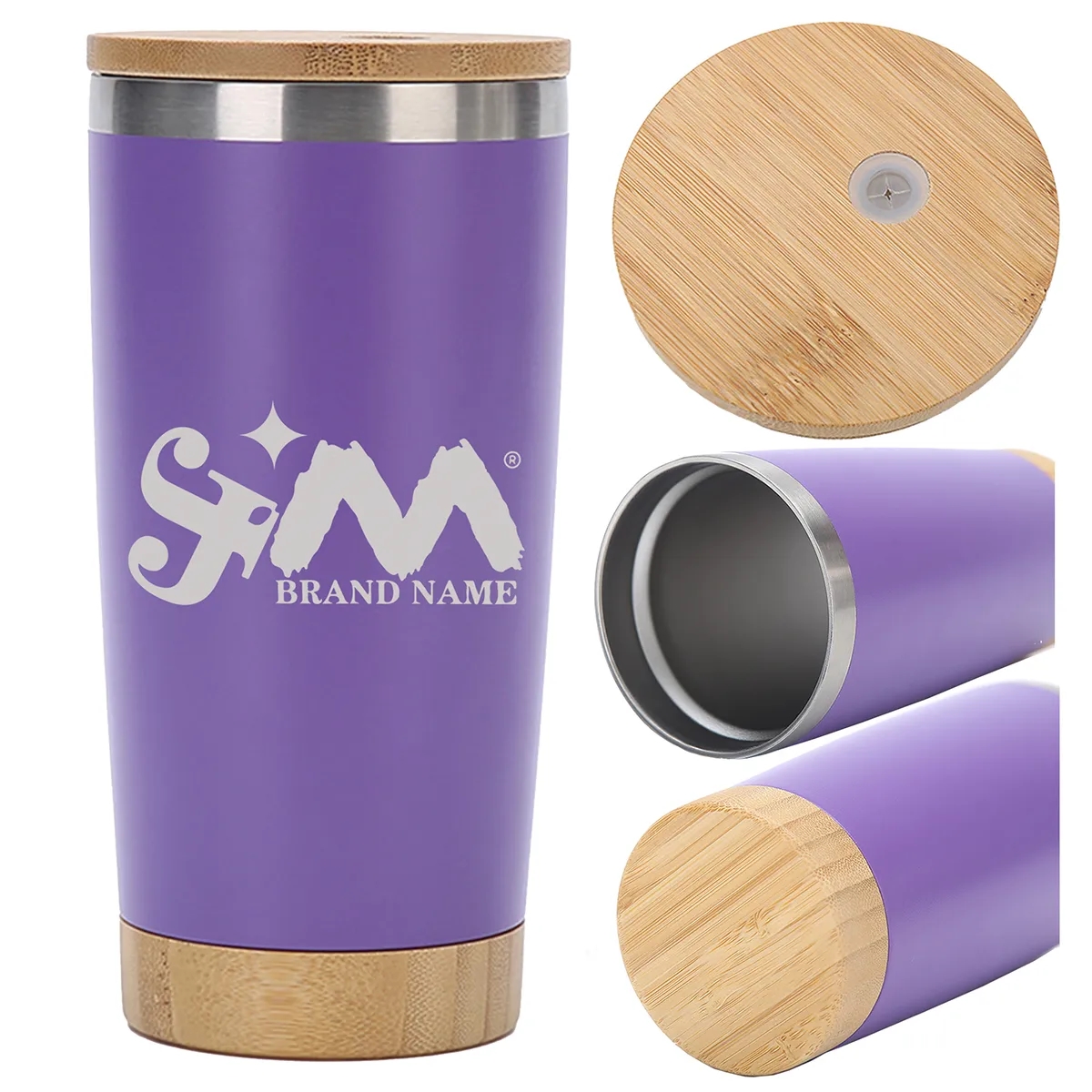20 Oz Double Wall Thermal Cup With Bamboo Wooden Lid Base 2