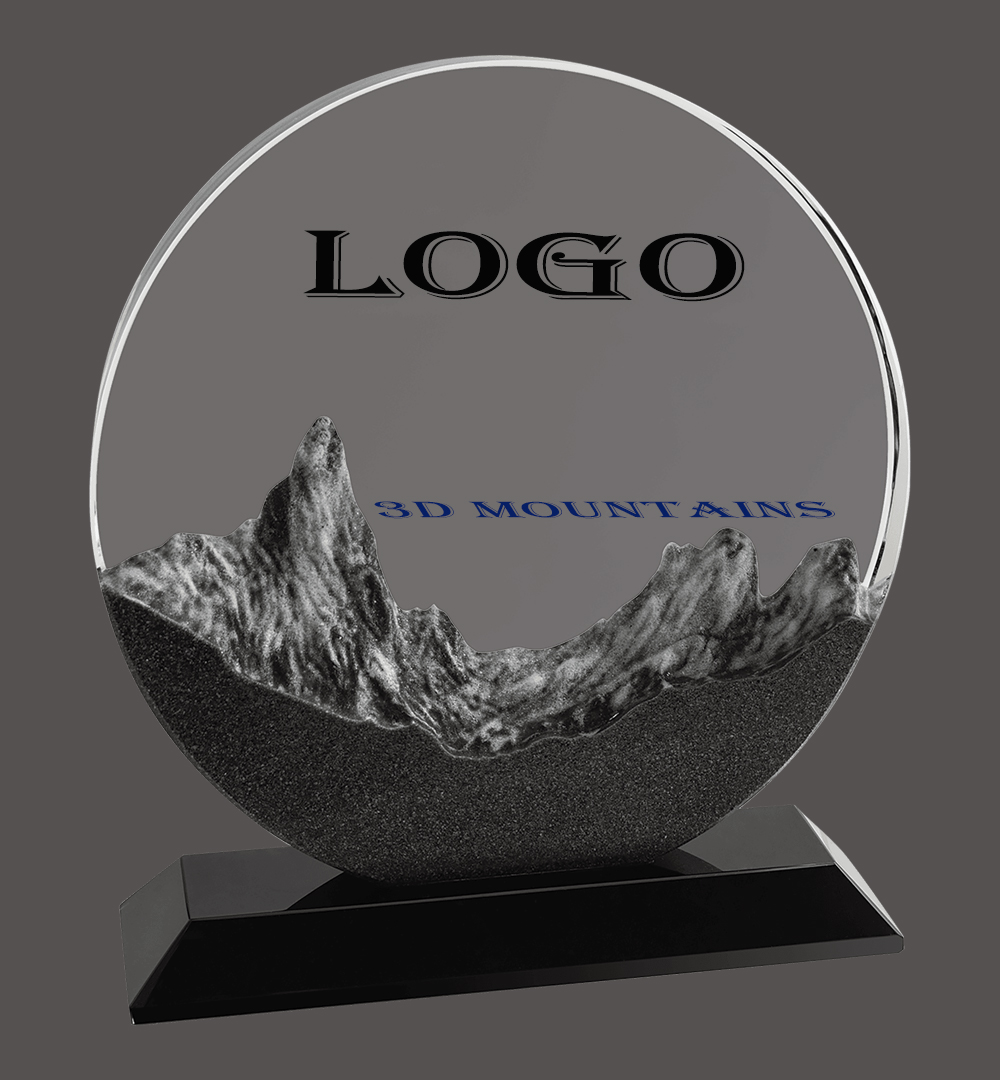 7" x 7 3/4" Round Crystal with Embedded Resin Mountain Scene and Black Base 1