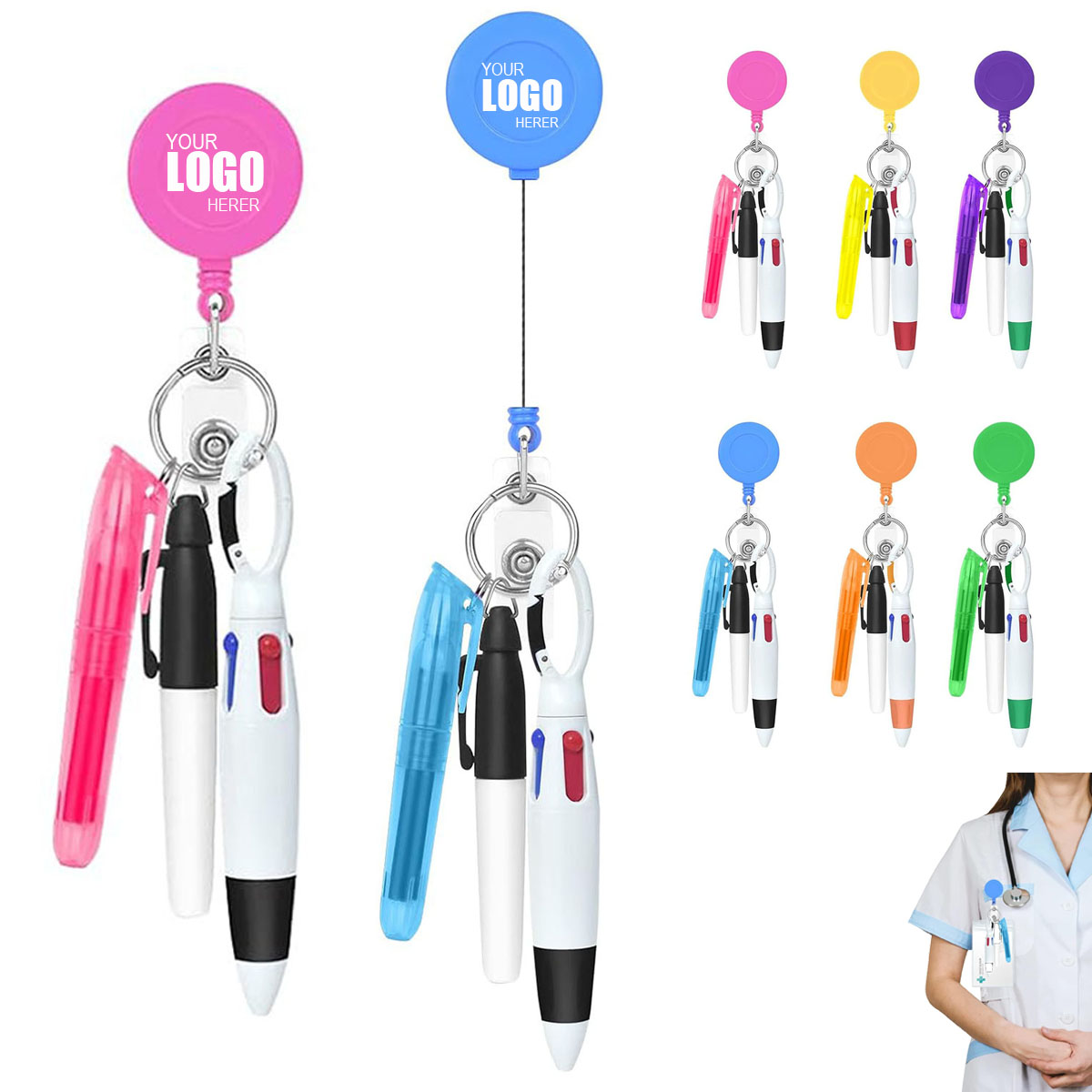 Mini Nurse Ballpoint Pen Badge Clip Highlighter Marker Set 6