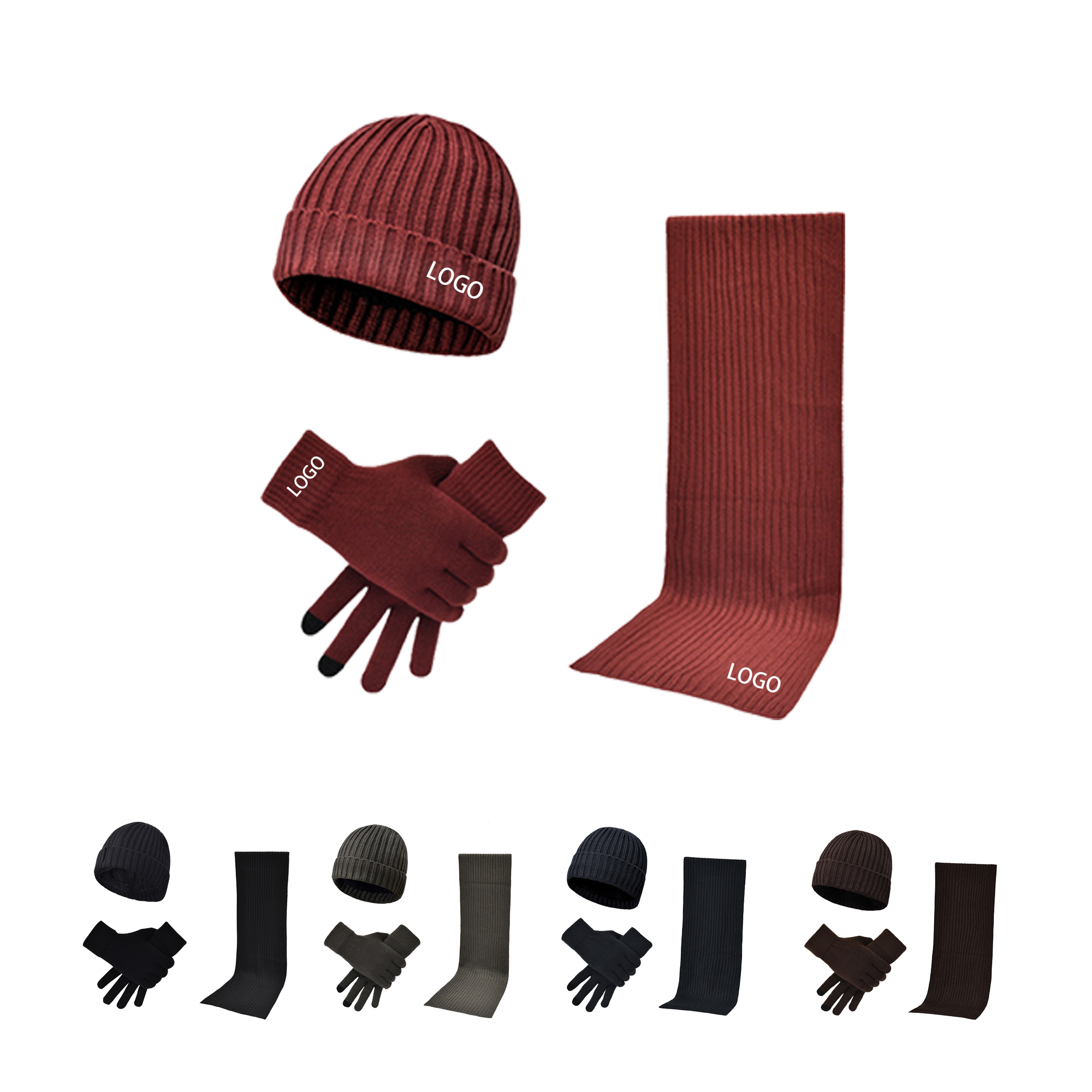 MOQ:5pcs Custom Scarf Gloves Beanie Set 2