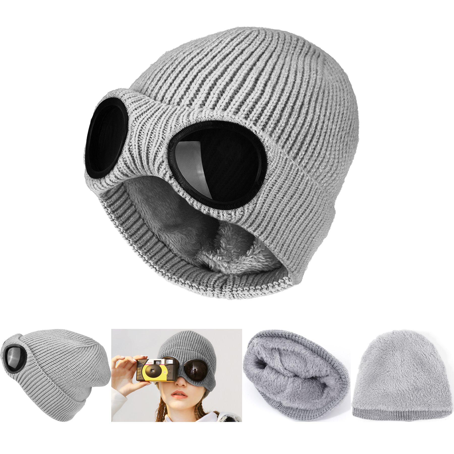 Men Women Wool Knitted Goggles Beanie 2
