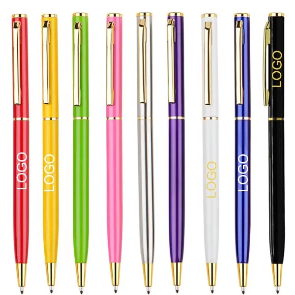 Slim Metal Hotel Ballpoint Pen with Gold Accents 3