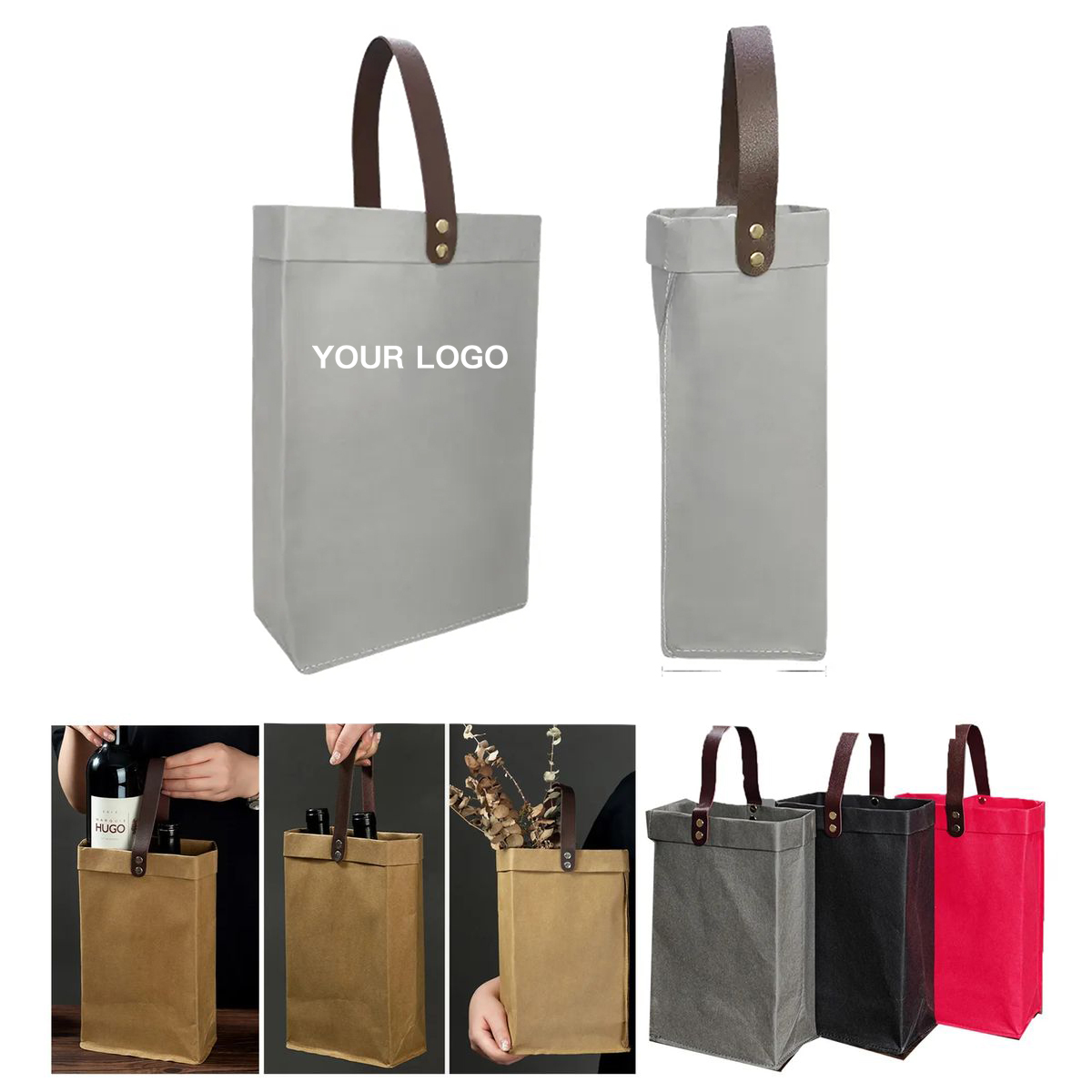 Kraft Paper Wine Bag with Leather Handles 2