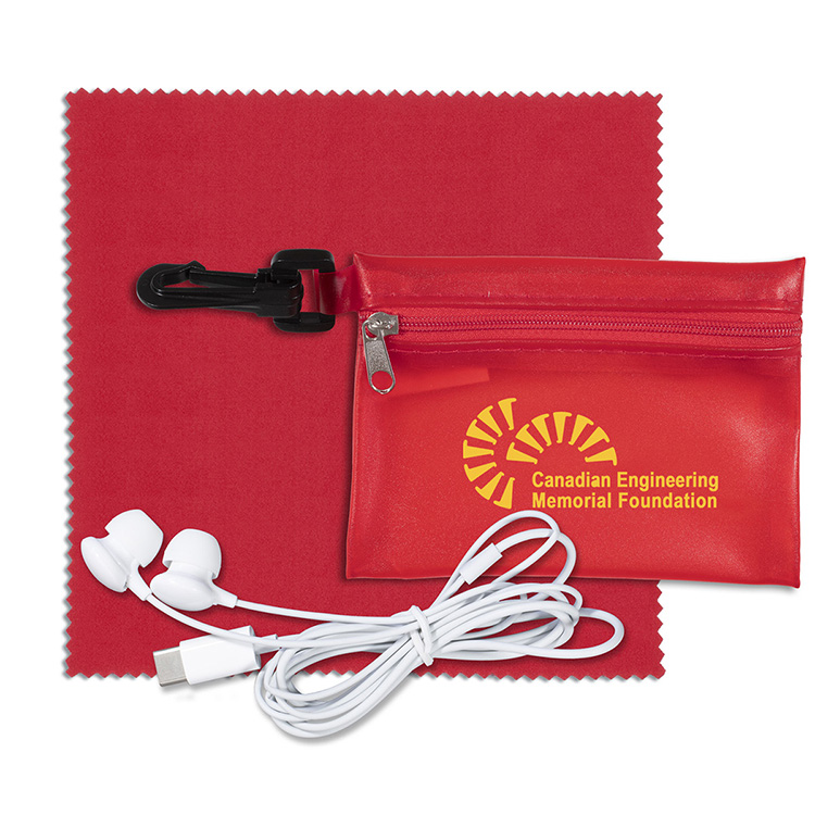 Earbud Tech Kit with Microfiber Cleaning Cloth In Translucent Carabiner Zipper Pouch 7