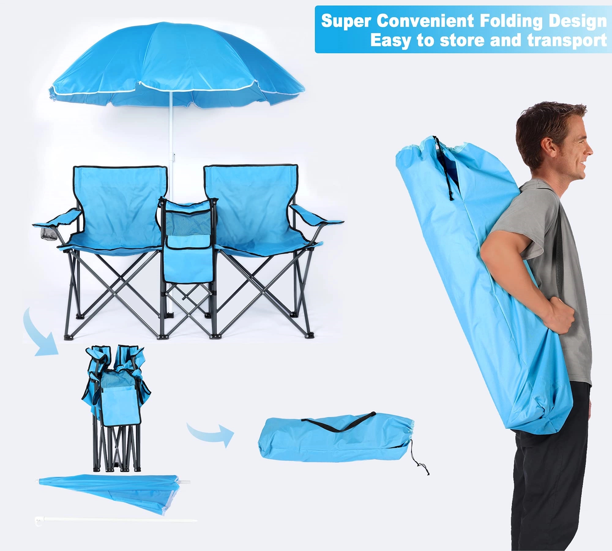 Double Portable Picnic Chair with Umbrella 6