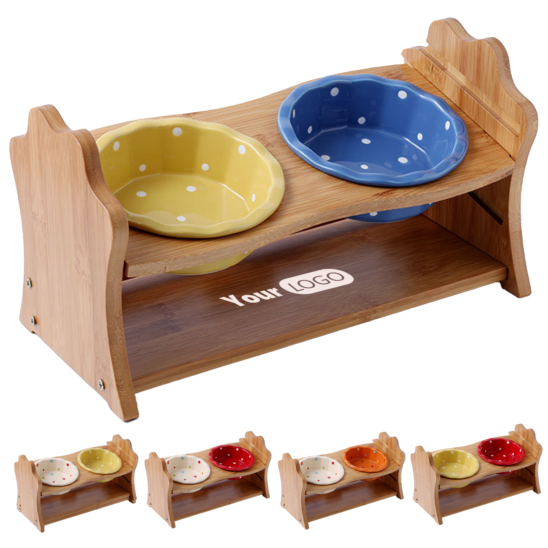 Ceramic Double Cat Bowl With Wooden Frame 4