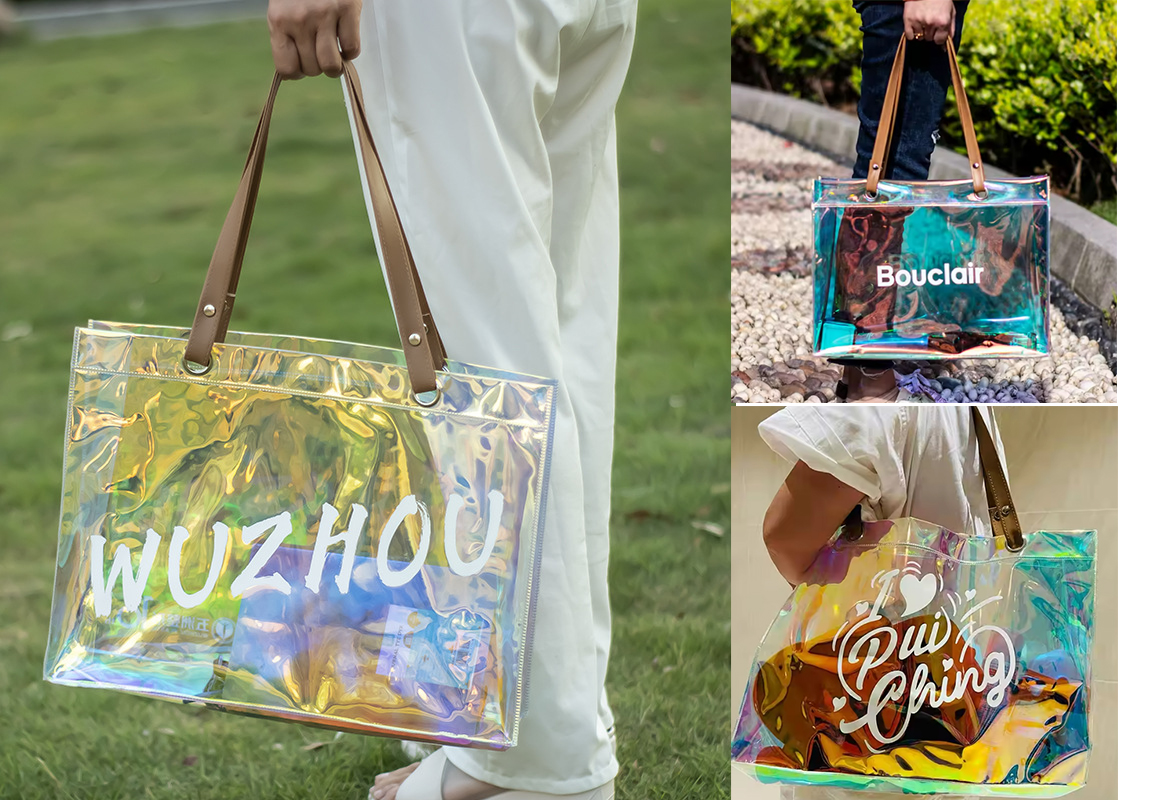 Holographic Tote With Brown Pu Handles 1