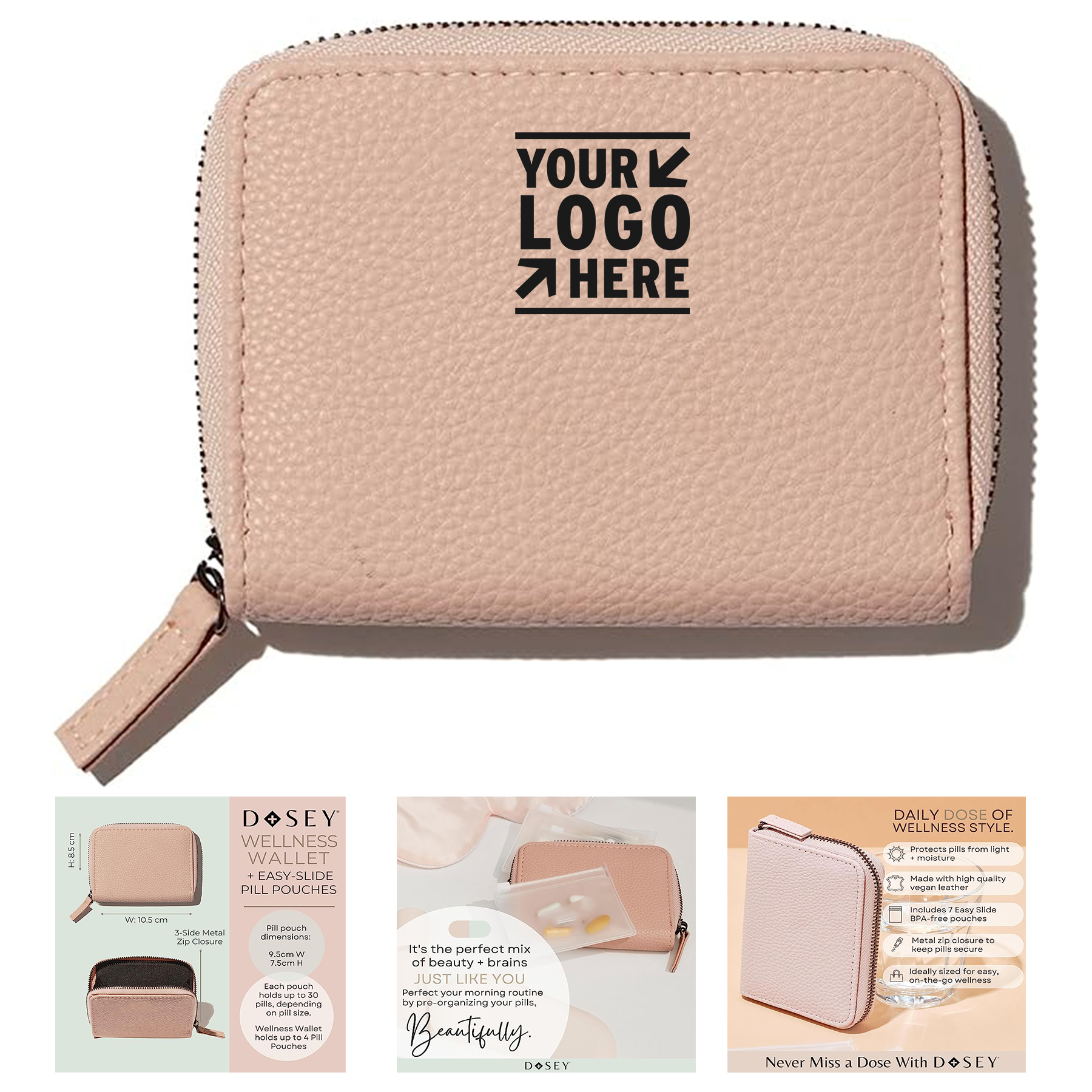 Stylish Vegan Leather Easy-Slide Wellness Wallet Travel Pill Organizer with 7 Airtight Pockets     