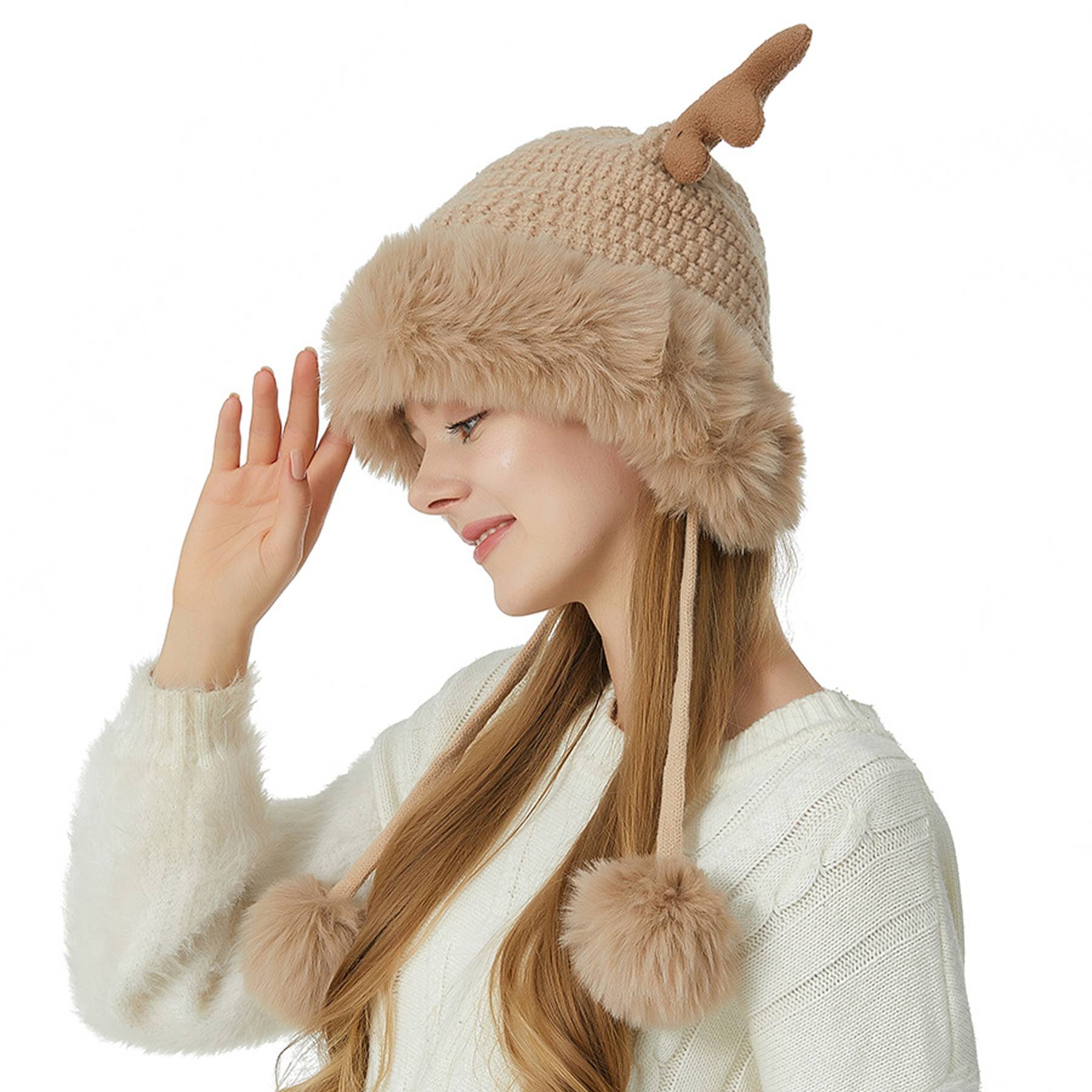 Women winter cover ear antler knit hat 13