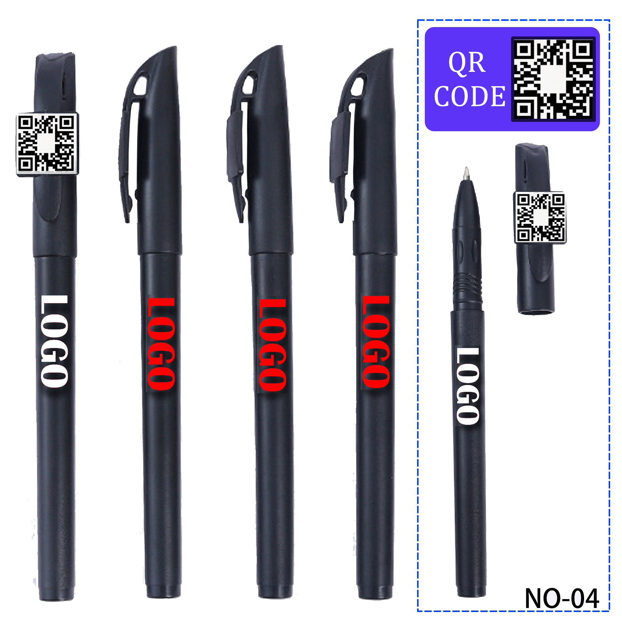 Gel pens that can print corporate logos and QR codes. 1