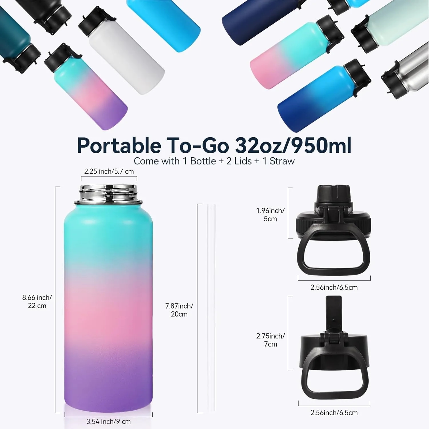 32oz Insulated Metal Water Bottle with Straw & Spout Lids, custom water bottle with logo imprint 7