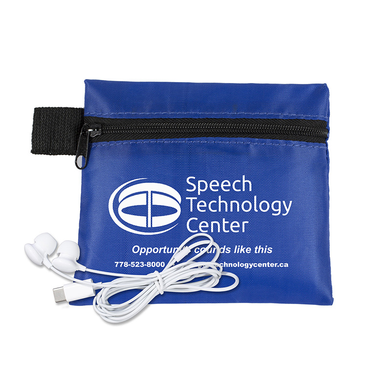 Mobile Tech Earbud Kit In Zipper Pouch Components inserted into Polyester Zipper Pouch 2