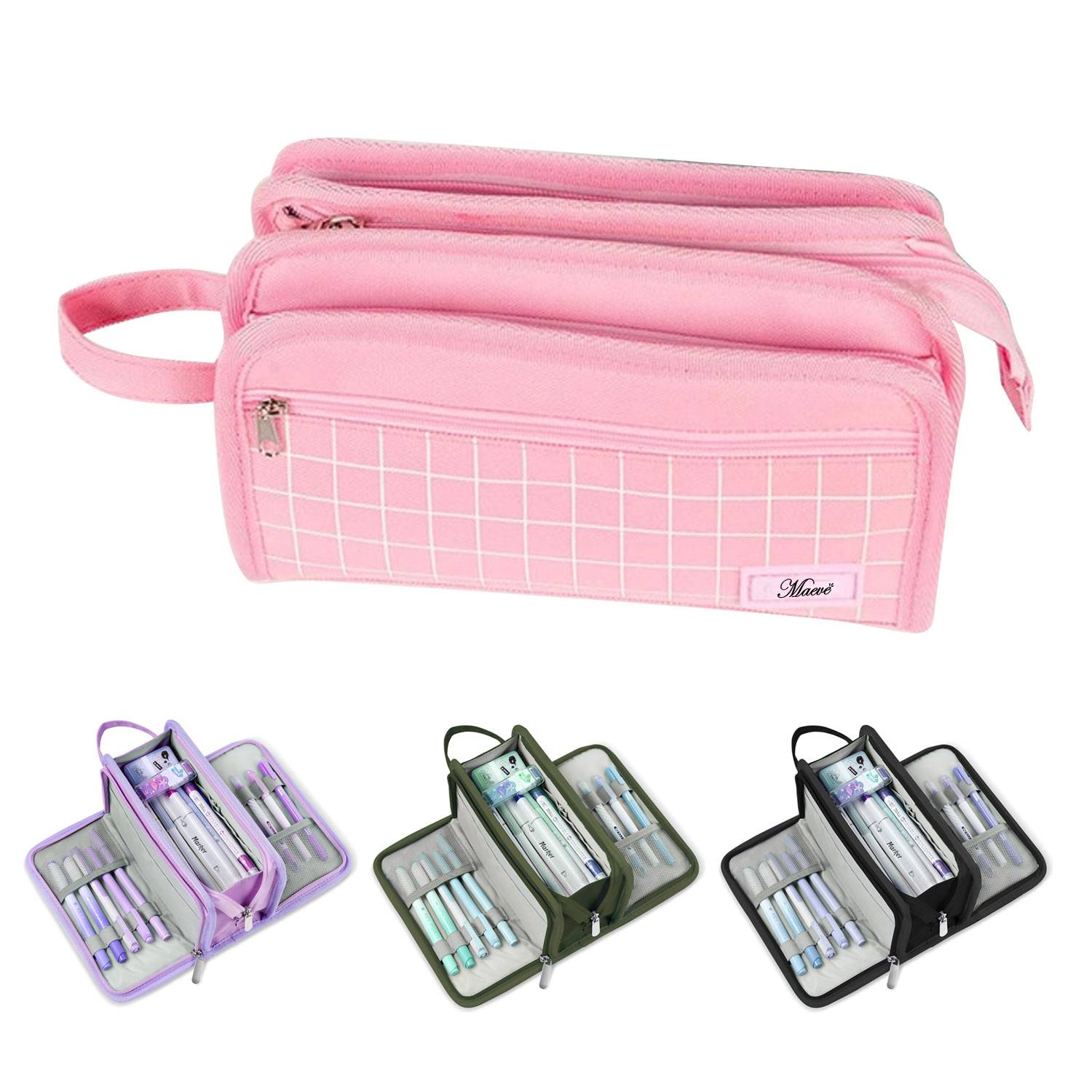 3 Compartment Portable Canvas Stationery Large Pencil Case 1