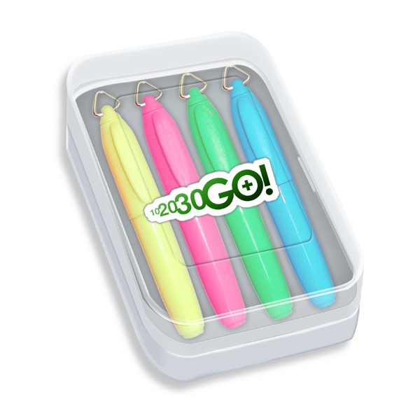 Four Pack of Mini Highlighters in Clear Plastic Case with Full Color Decal