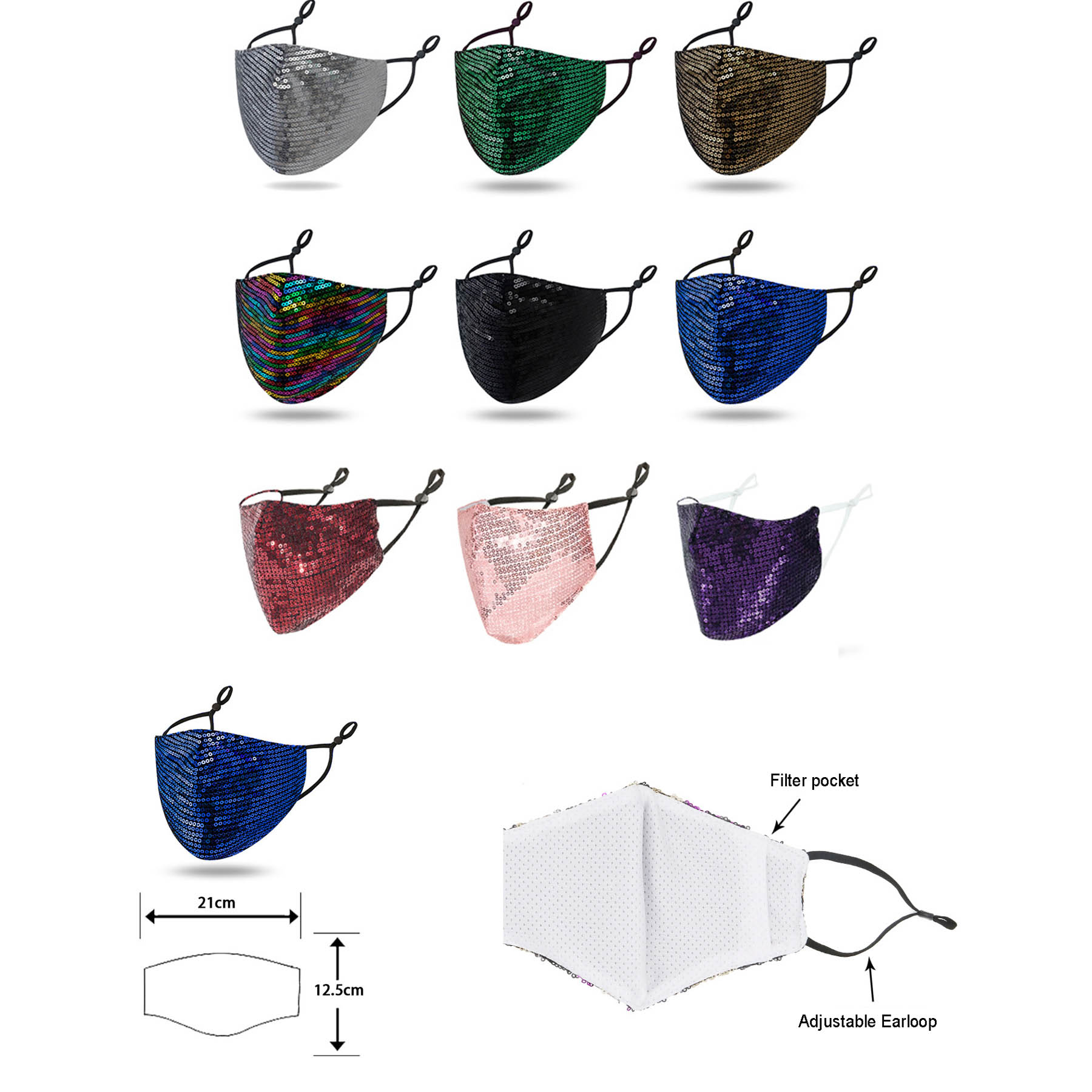 Shiny Face Mask w/ Adjustable Earloop and Interior Filter Pocket 5