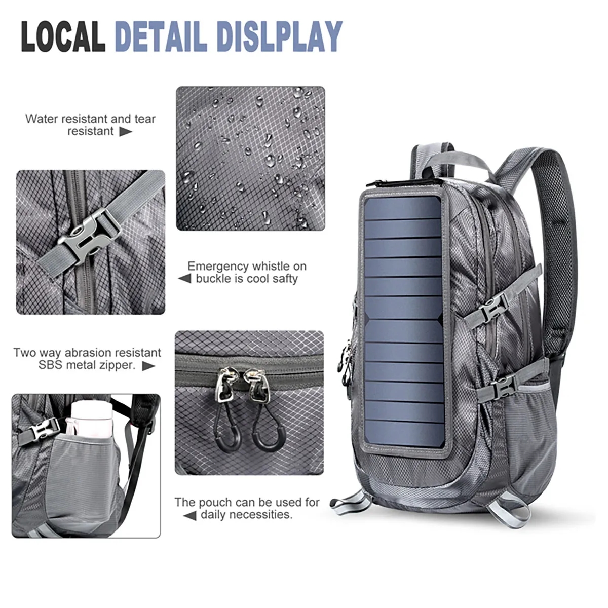 Portable Foldable Hiking Daypack Backpack with Solar Panel 5