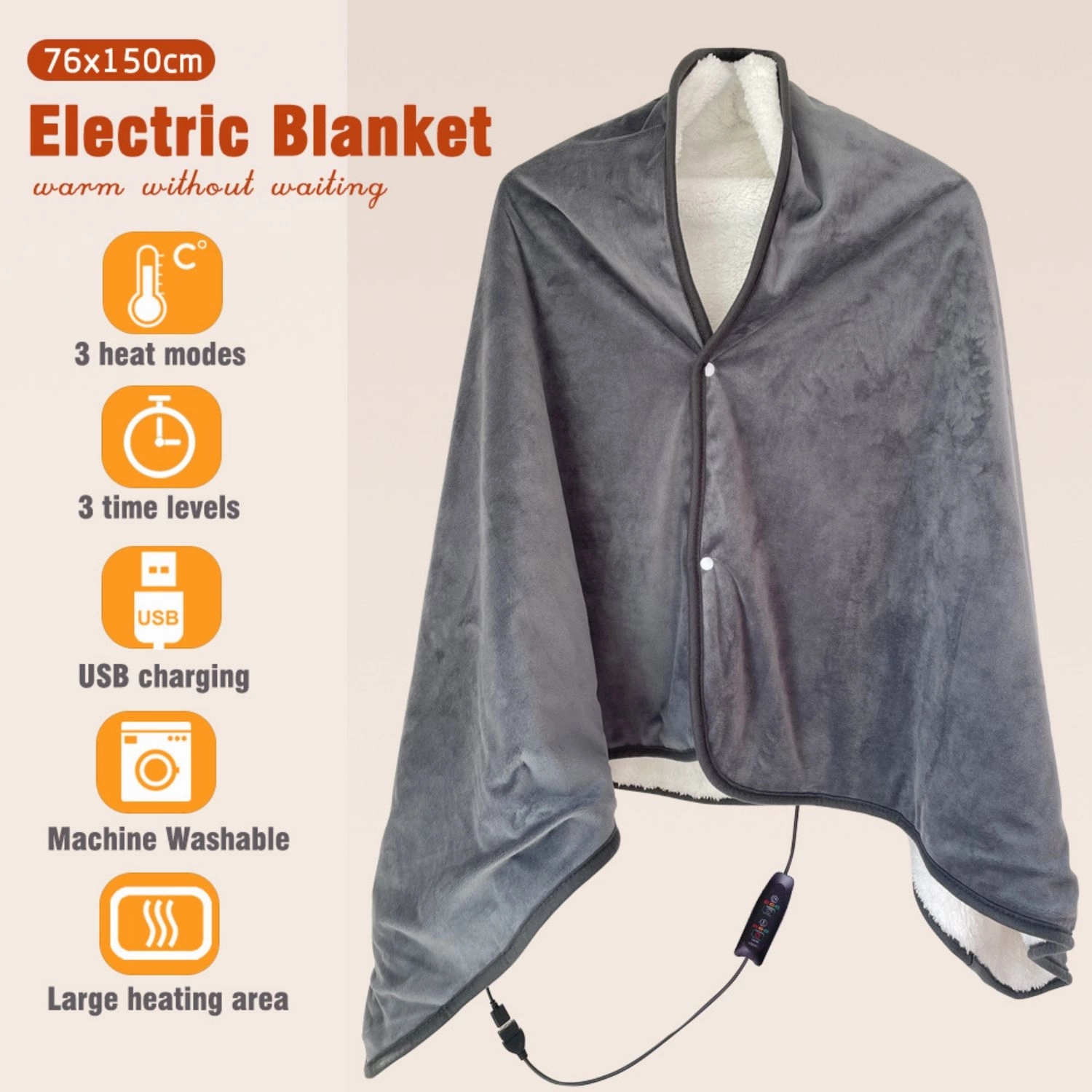 3 Heat Electric Blanket Throw Poncho Wrap 6