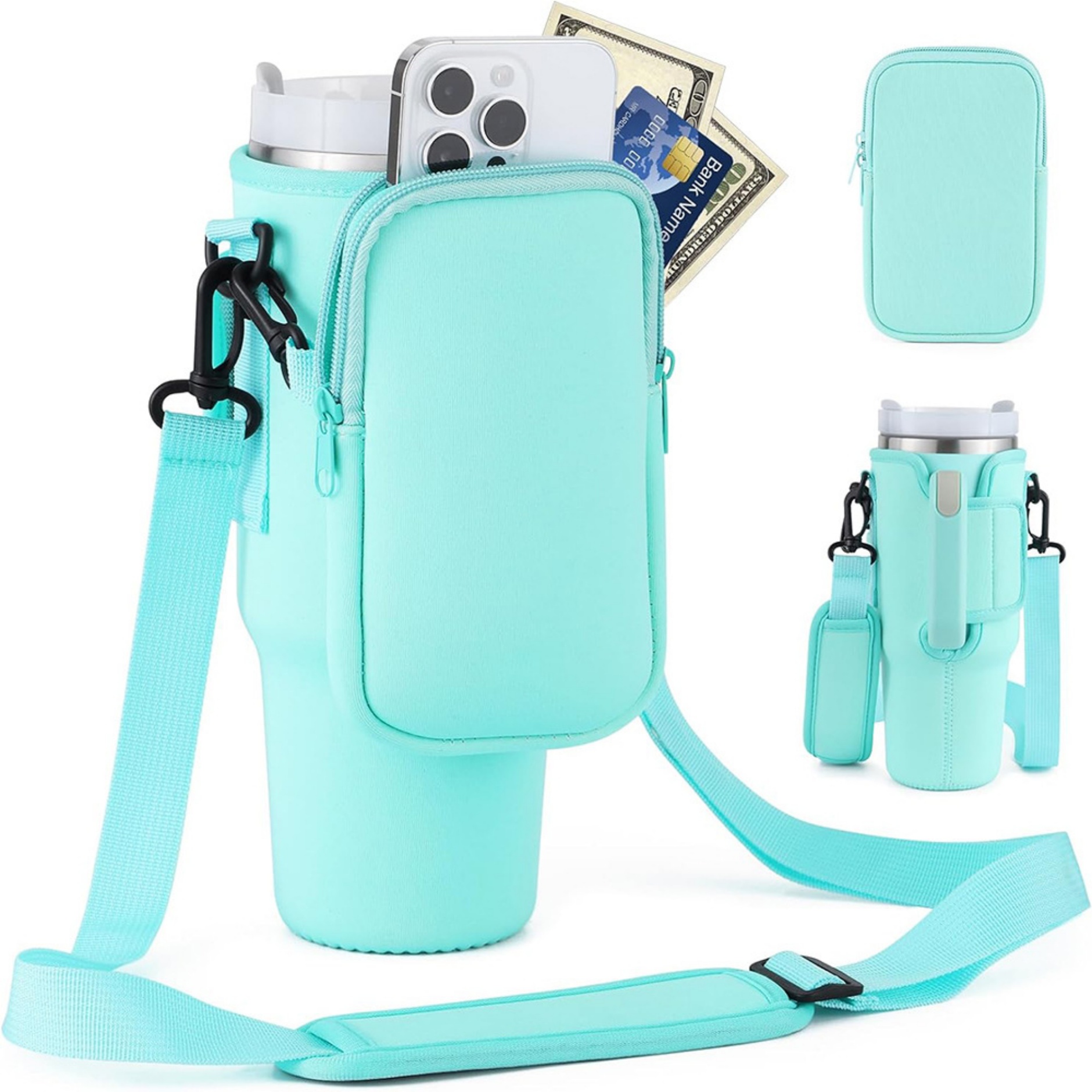 Neoprene Water Bottle Carrier Bag with Detachable Phone Pocket 6