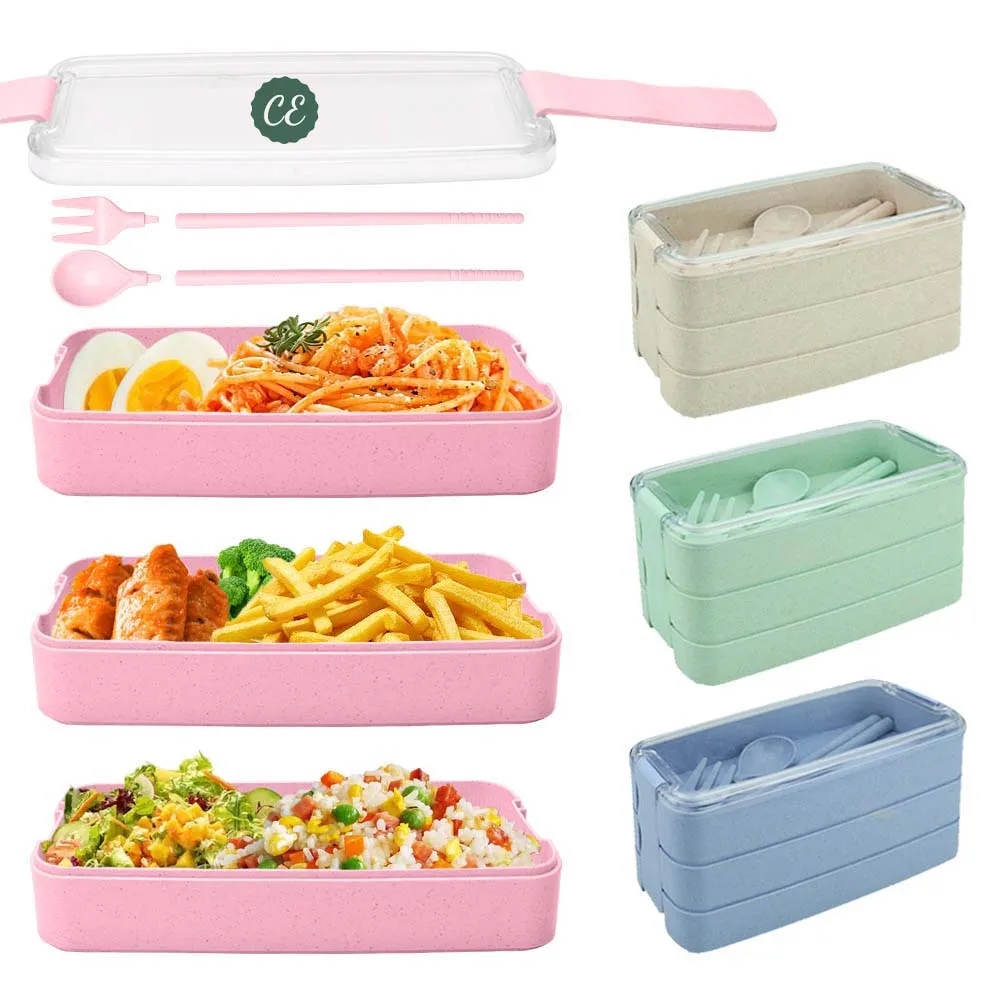 3-In-1 Stackable Wheat Straw Lunch Box with Utensils 2