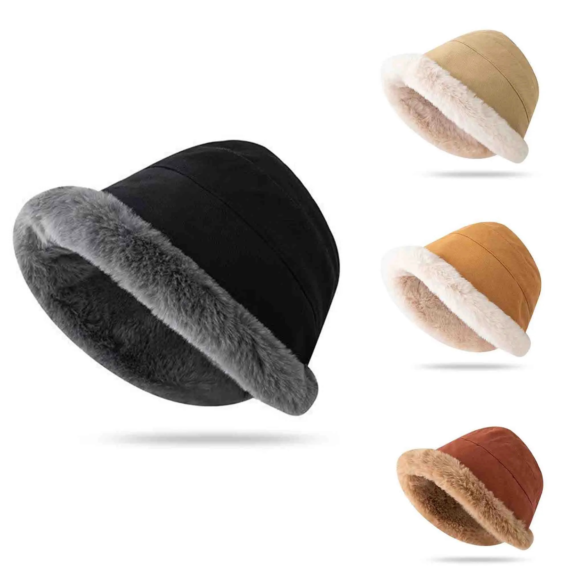 Warm Fluffy Faux Fur Fisherman Cap Plush Fuzzy Bucket Hat