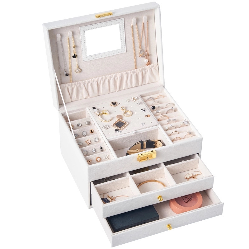 Custom 3-Layer PU Jewelry Organizer Box with Drawer & Mirror 6