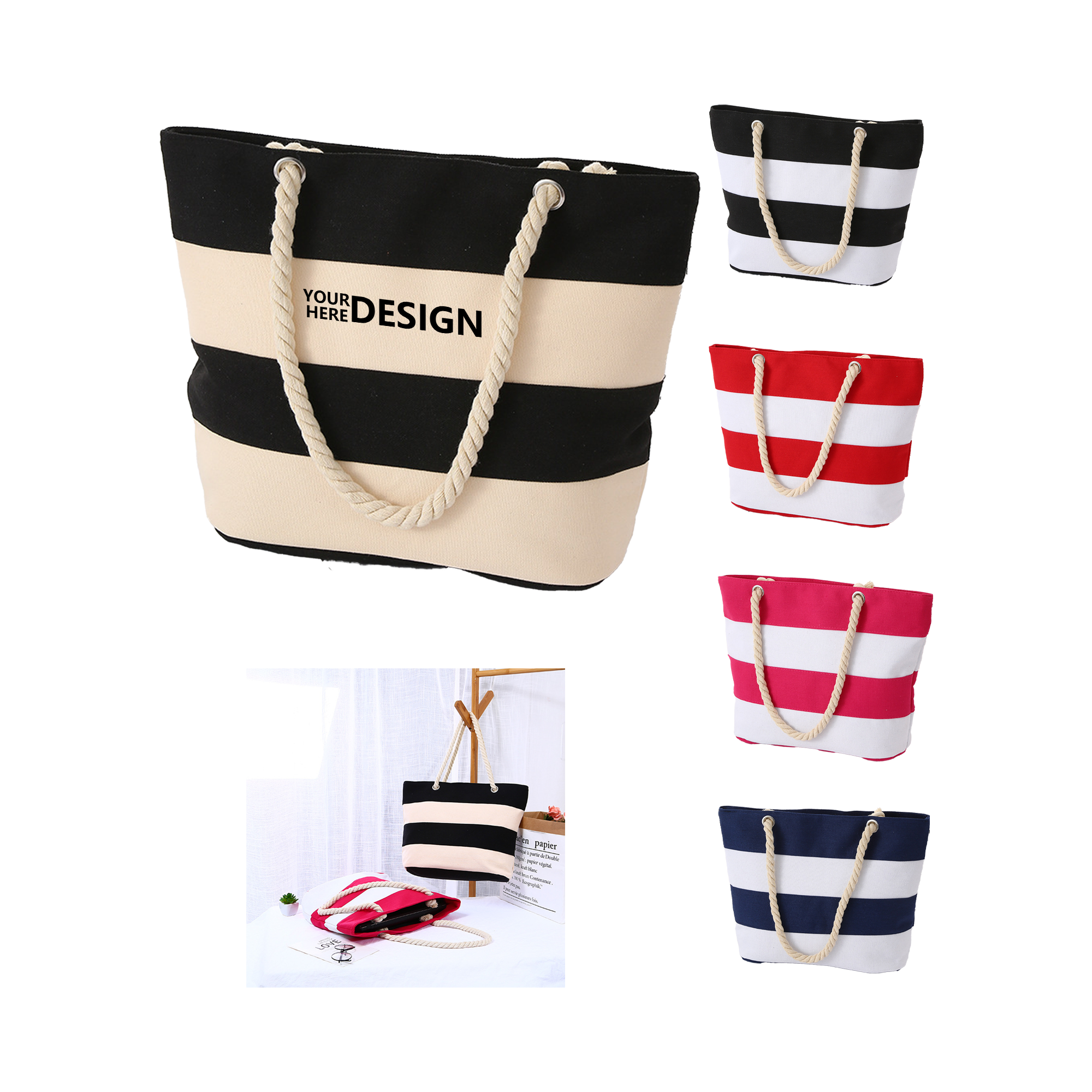 Canvas Bag with Hemp Rope Stripes, custom tote bag with logo imprint 2
