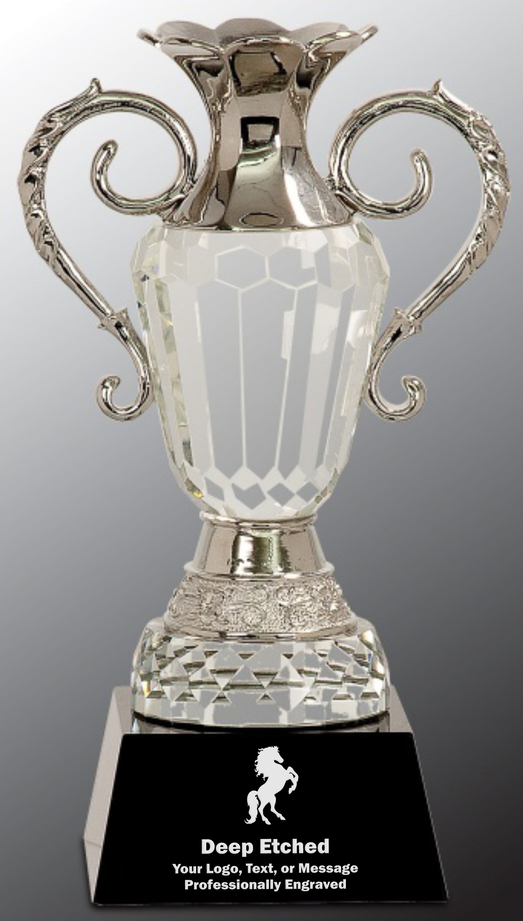 10" Crystal Cup with Silver Metal Handles on Black Pedestal Base Award
