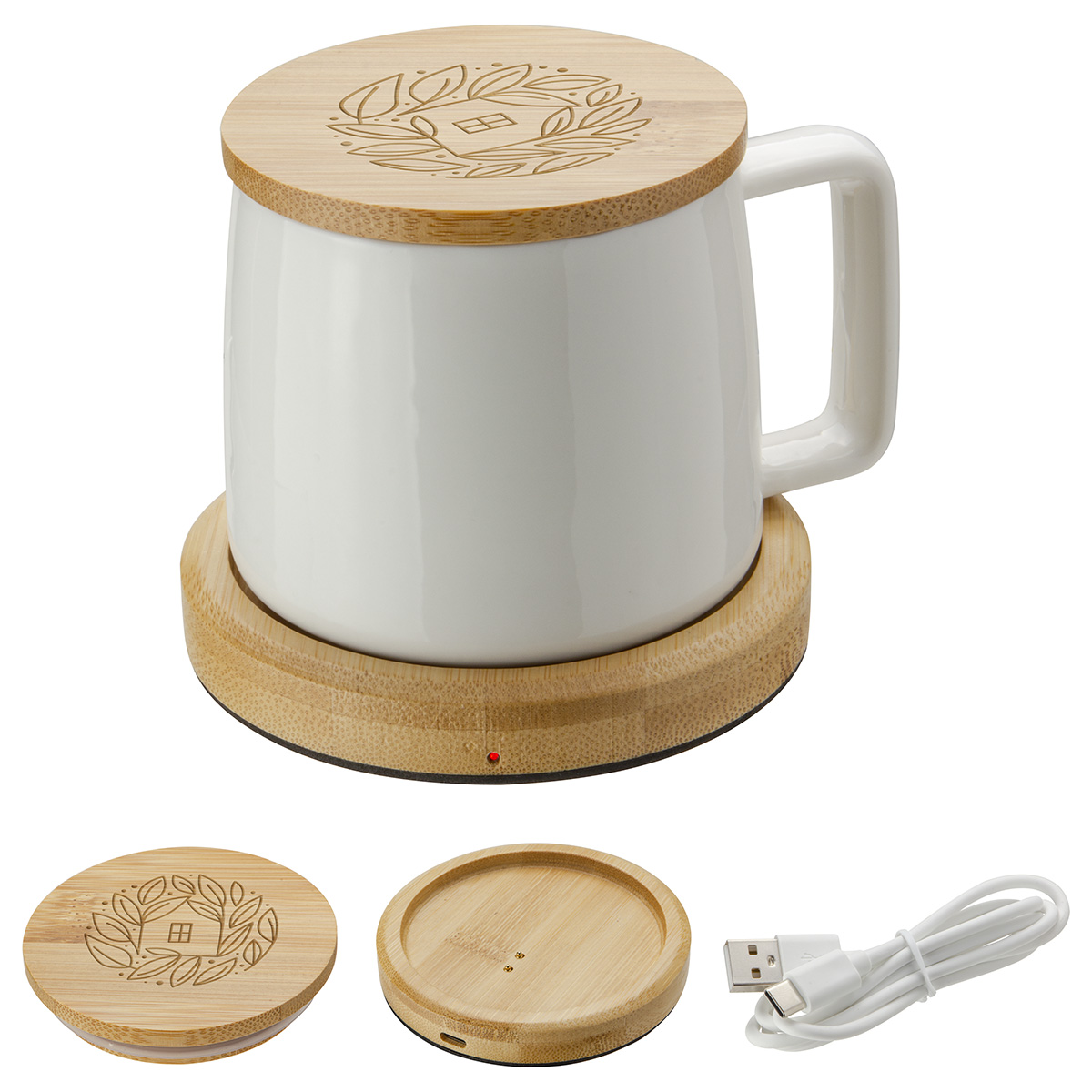 Bamboo Mug Warmer with 8 oz Ceramic Mug 4