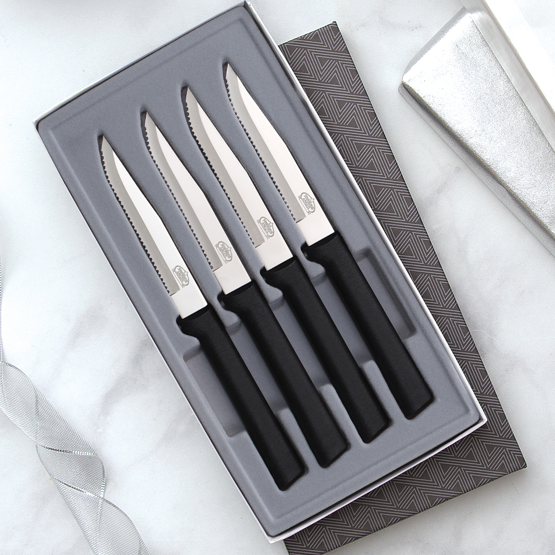 Four Serrated Steak Knives Gift Set w/Black Handle 4