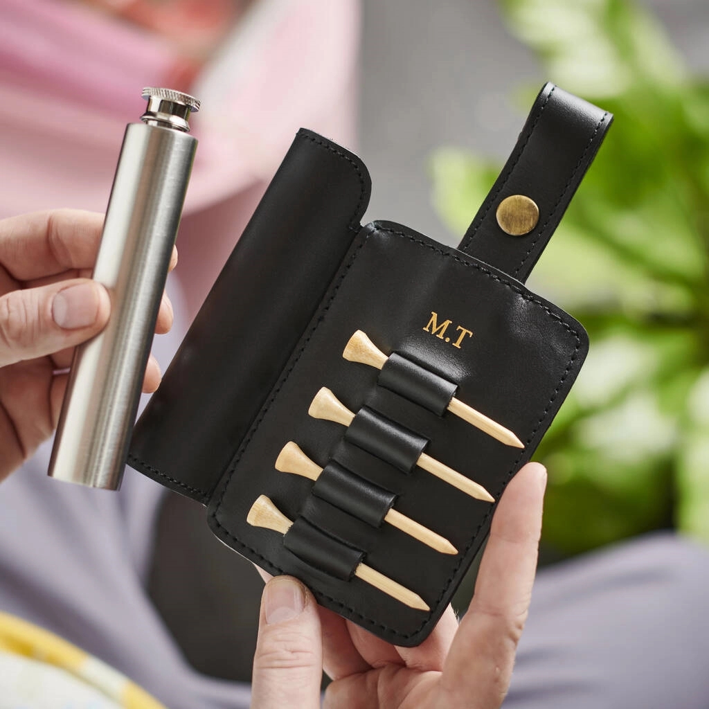 LEATHER GOLF TEE HOLDER & HIP FLASK 1