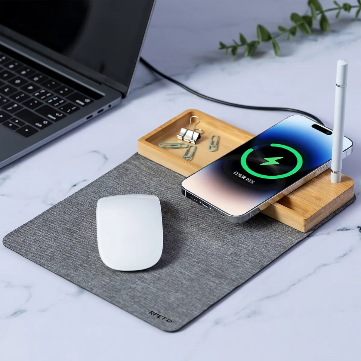 Bamboo Wireless Charging Desk Tray Organizer 15W 5