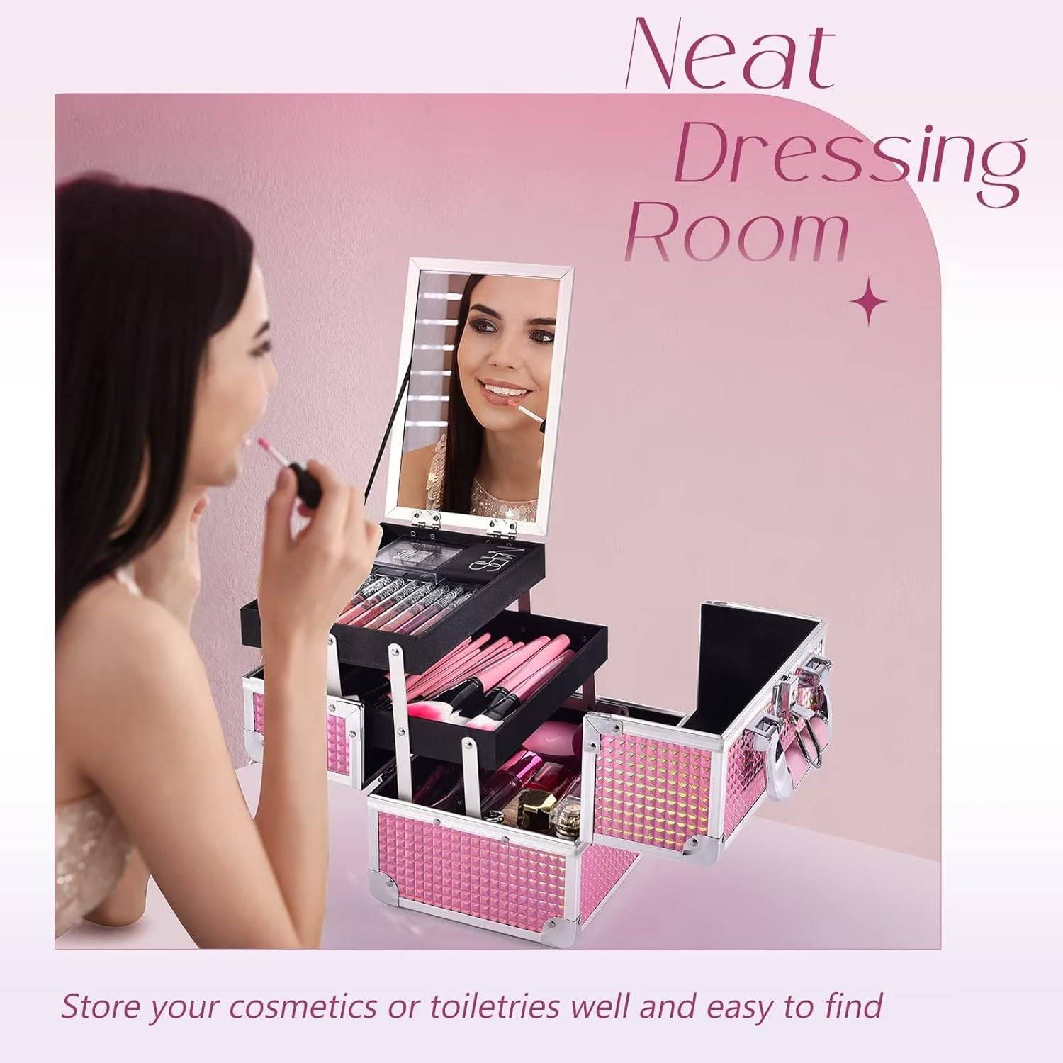 Portable Diamond Patterned Pink Makeup Case With Mirror 7