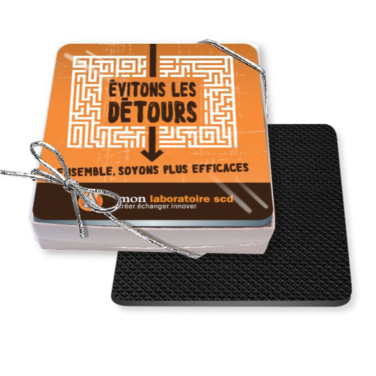 Gift Boxed Set of 4 Premium Square Coasters .010 Frosted Plastic Top & 3/32" Rubber base Full Colour 1